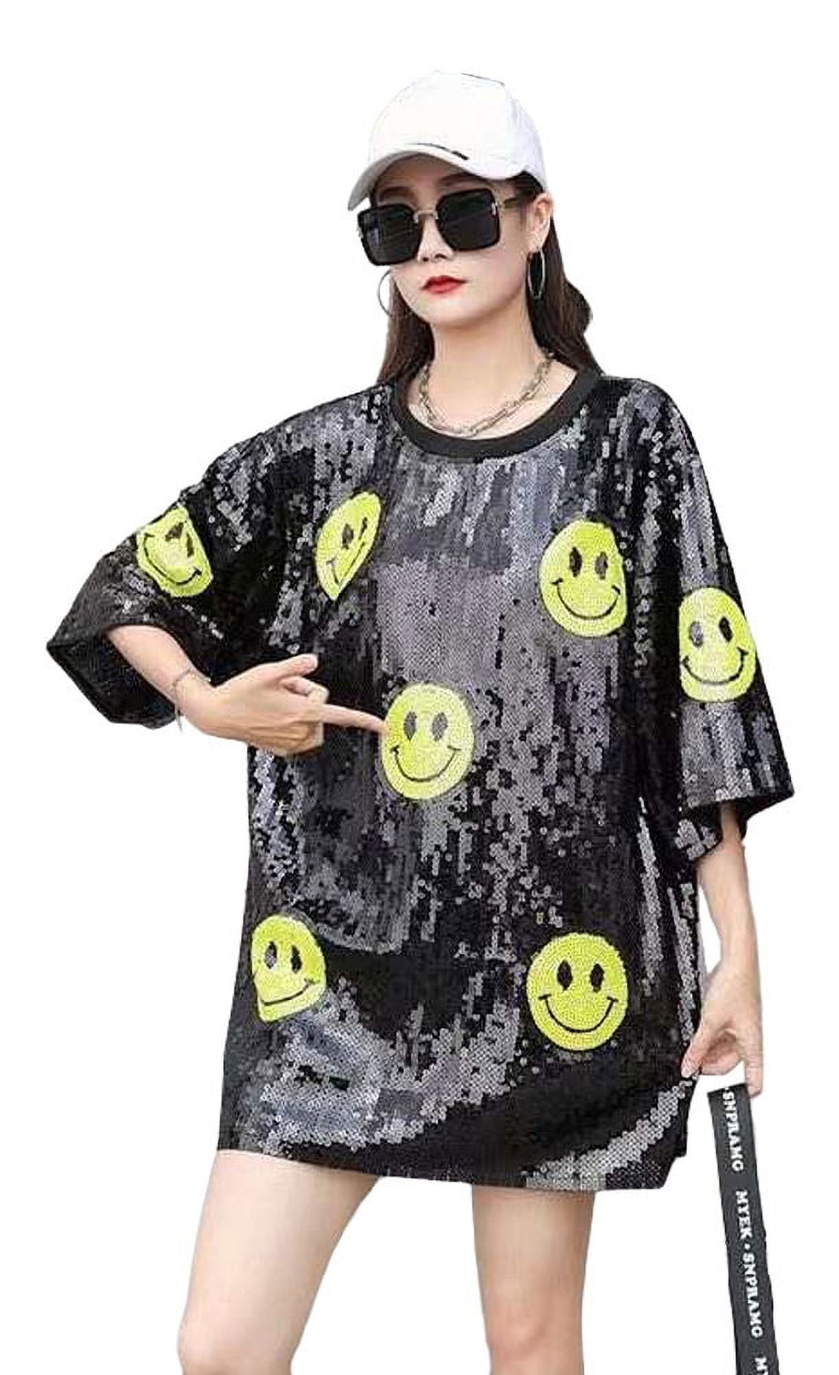 sequin smiley face dress 2Chique Boutique Women's Sequin Smiley Face T Shirt Mini Dress Tunic  Regular One Size Black