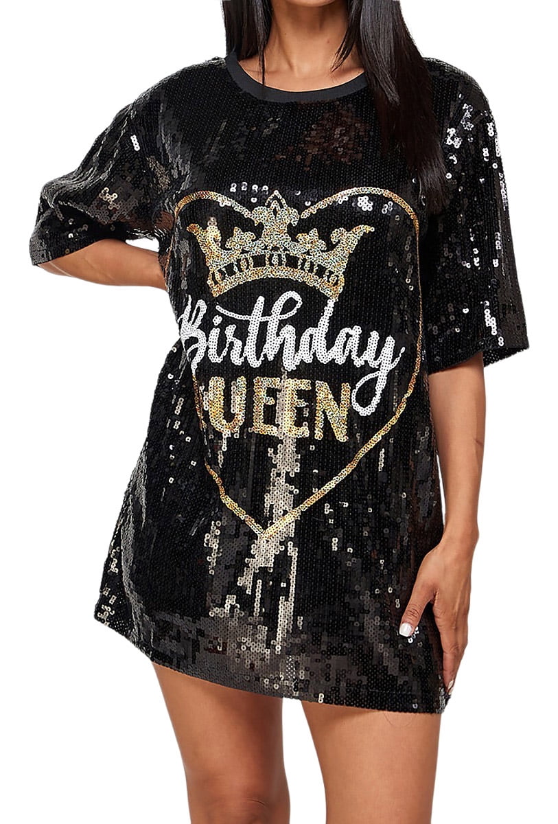 2Chique Boutique Women's Sequin T Shirt Dress Birthday Queen with Heart One  Size Fits All Black - Walmart.com
