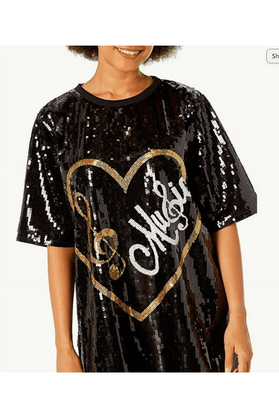 Women's Sequin T Shirt Dress Heart Music Treble Clef One Size Black