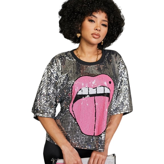 2Chique Boutique Women's Short Sleeve Round Neck Sequins Printed Top