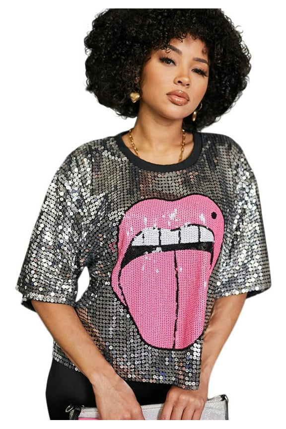 Women's Short Sleeve Round Neck Sequins Printed Top