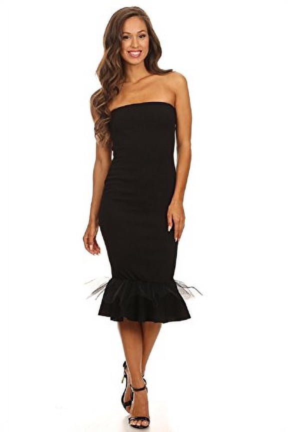 Women's Strapless Midi Dress with Tulle Overlay and Mermaid Hem (large)