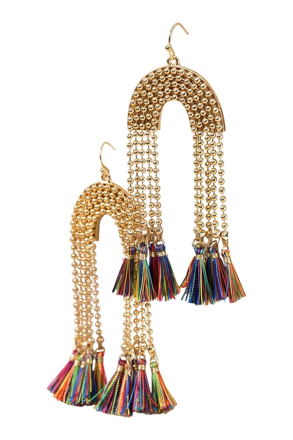 Women's Stylish U-Shape Metal Beaded Chain Thread Tassel Hook Earring