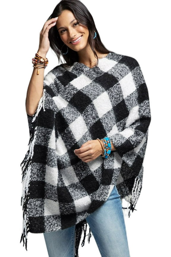 Women's Two Tone Buffalo Check Plaid with long Fringe Poncho Black and White