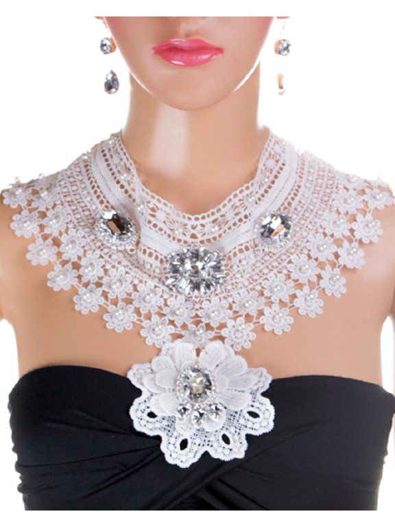 Women's White Lace & Rhinestone Pendant Statement Necklace Set