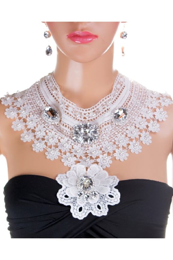 Women's White Lace & Rhinestone Pendant Statement Necklace Set