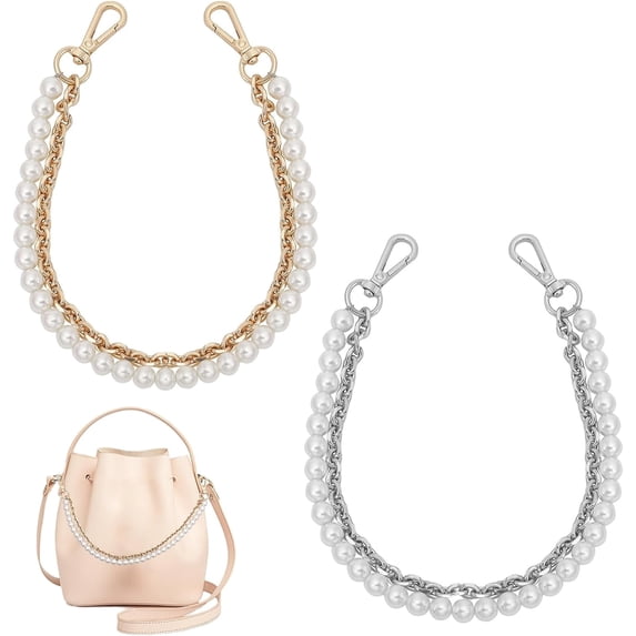 2Colors 16Inch Plastic Imitation Pearl Beaded Double Strand Bag Handles with Iron Cable Chain Swivel Clasp for DIY Accessory Handbag Purse Chain Replacement Platinum and Golden
