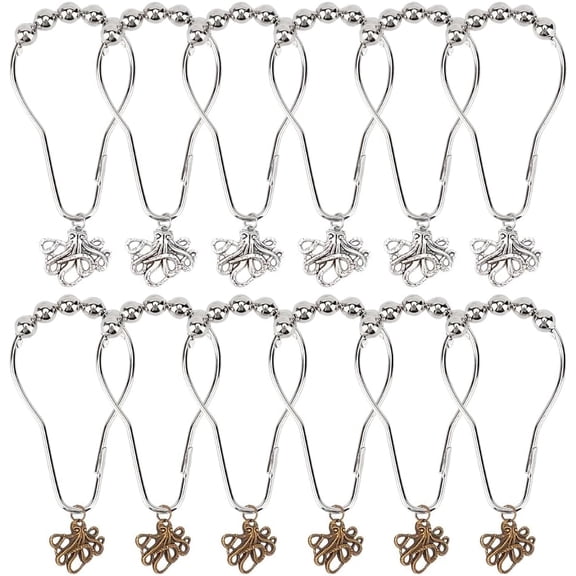 2Colors Shower Curtain Rings 12pcs Iron Octopus Shower Curtain Hooks Ocean Bathroom Accessories Set for Bathroom Silver Decorative Shower Hooks for Shower Rods Hangers for DIY