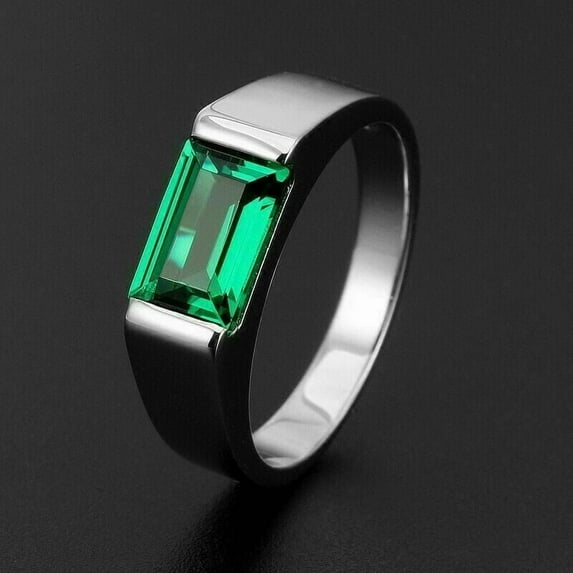 2Ct 14K White Gold Plated Emerald Cut Lab-Created Emerald Men's Wedding Ring