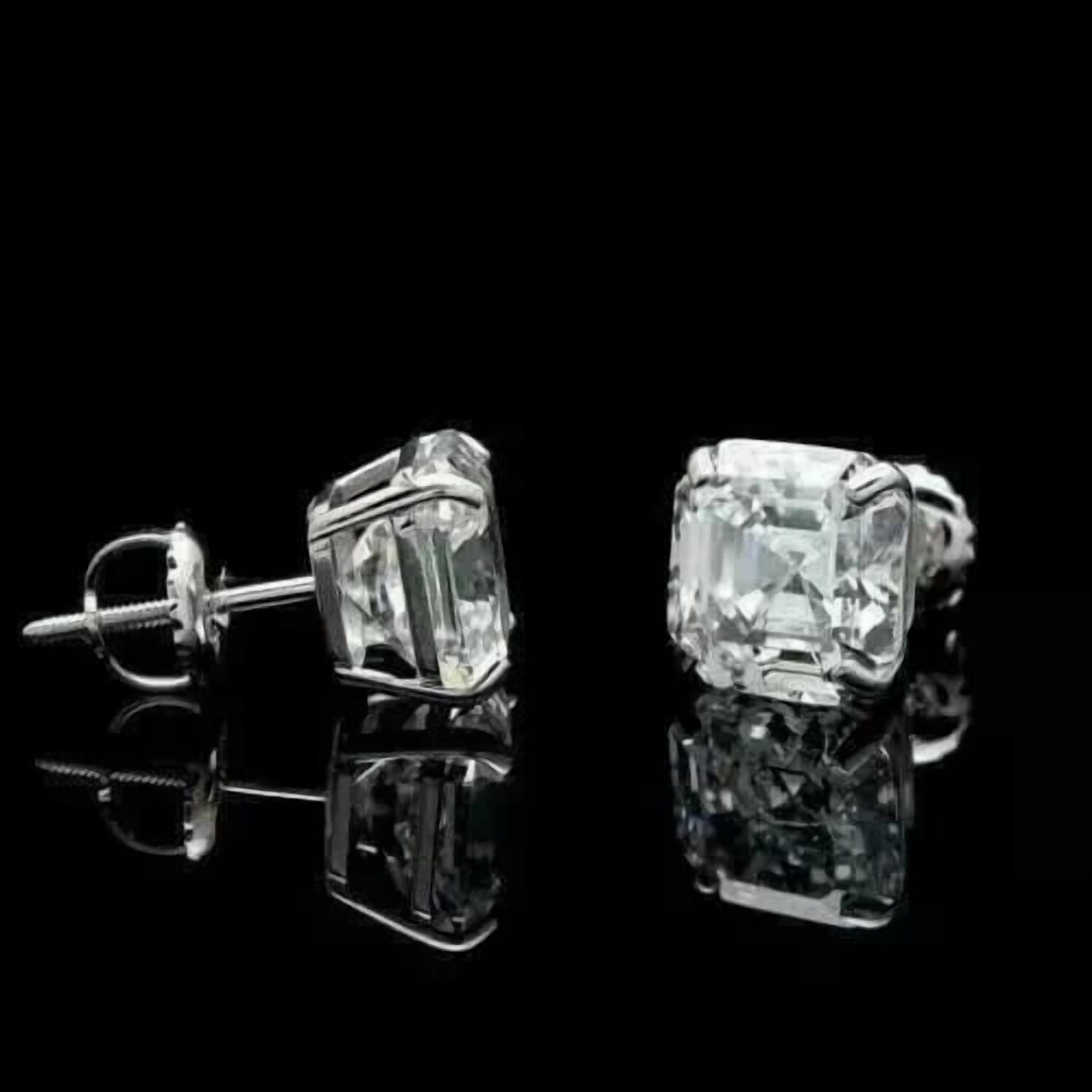 2Ct Ascher Cut Simulated Diamond Stud Screw Back Earring 14K White Gold Plated