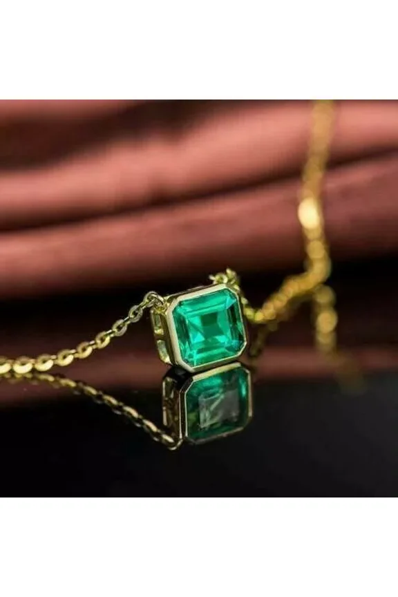 2Ct Asscher Cut Lab Created Green Emerald Solitaire Necklace 18" In 14k Yellow Gold Finish