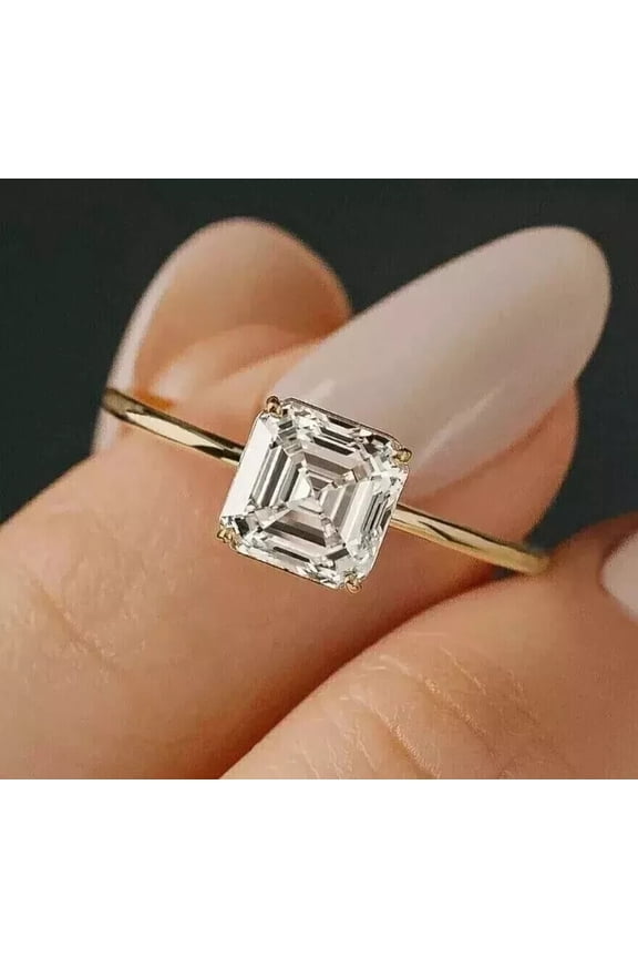 2Ct Asscher Cut Simulated Diamond Solitaire Ring for Women 14K Yellow Gold Finish