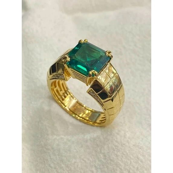 2Ct Asscher Cut Simulated Green Emerald Men's Solitaire Engagement Ring 14K Yellow Gold Plated 925 Sterling Silver