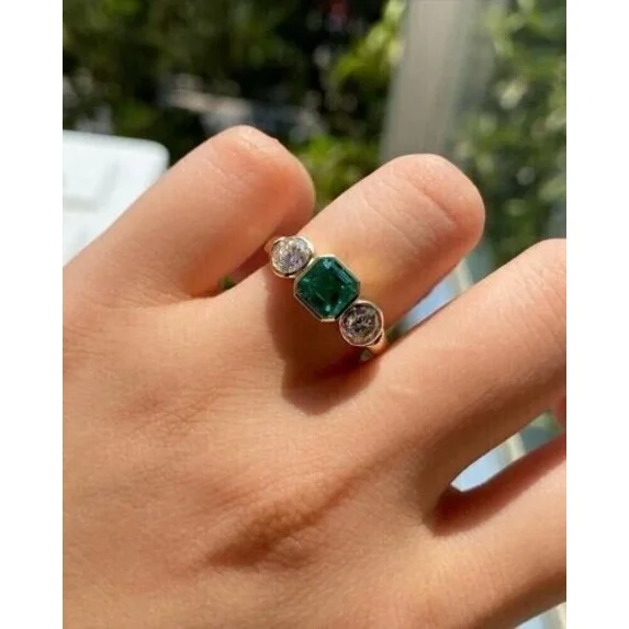 2Ct Asscher Cut Simulated Green Emerald Three Stone Women's Engagement Ring 14K Yellow Gold Plated 925 Sterling Silver