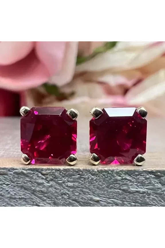 2Ct Asscher Lab Created Red Ruby Solitaire Stud Earrings in 14K Yellow Gold Plated