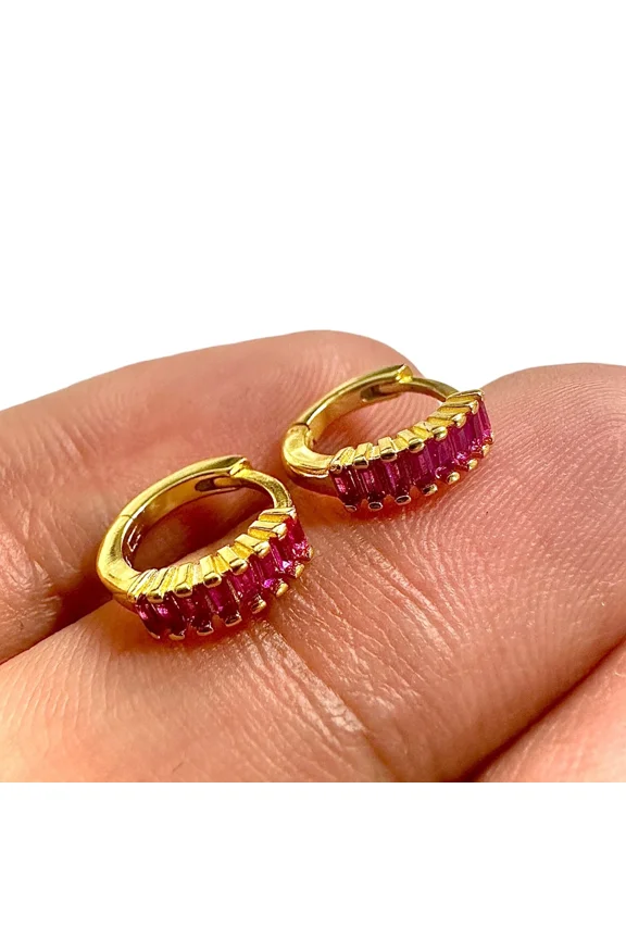 2Ct Baguette Cut Lab-Created Ruby Huggie Hoop Earrings 14K Yellow Gold Plated