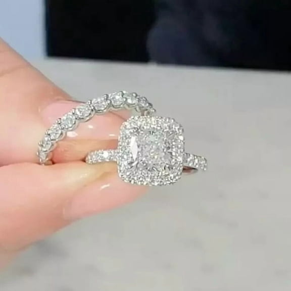 2Ct Cushion Cut Lab-Created Diamond Bridal Set Ring 14k White Gold Plated