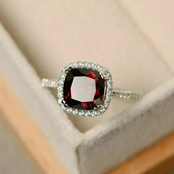 2Ct Cushion Cut Lab Created Red Garnet Halo Engagement Anniversary Ring 14K White Gold Plated Silver