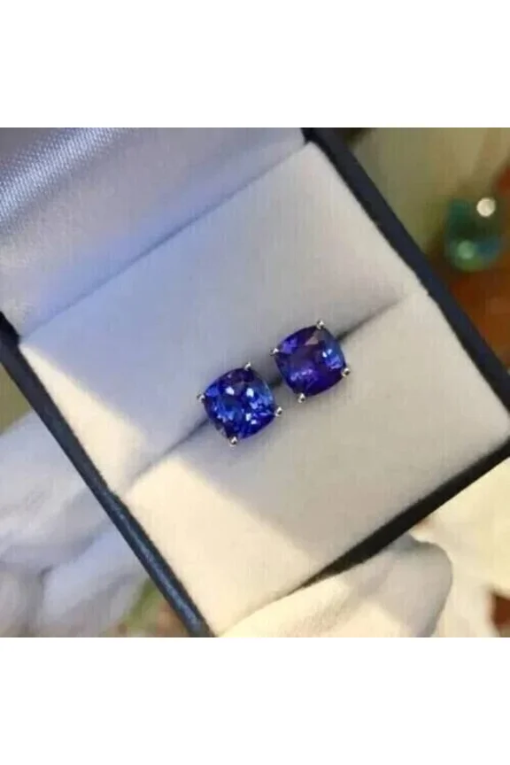 2Ct Cushion Cut Simulated Blue Tanzanite Solitaire Women's Valentine Stud Earrings 14K White Gold Plated 925 Silver