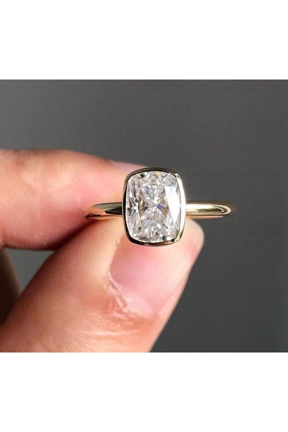 2Ct Cushion Lab Created Diamond Bezel Set Solitaire Wedding Ring Yellow Gold Plated Silver