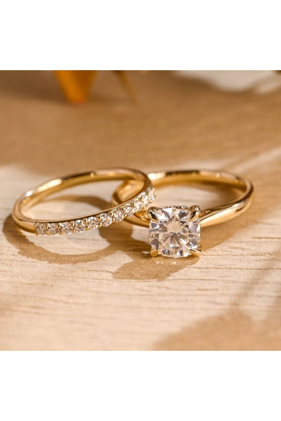 2Ct Cushion Lab Created Diamond Matching Bridal Ring Set in 14k Yellow Gold Plated