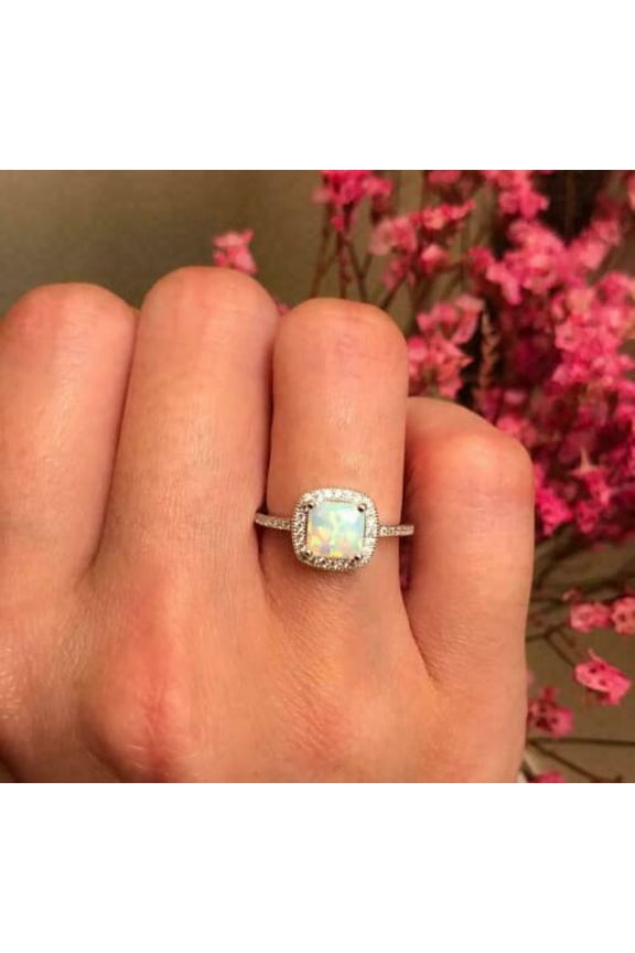 2Ct Cushion Lab Created Fire Opal Halo Engagement Ring 14K White Gold Plated Sterling Silver Gift For Her