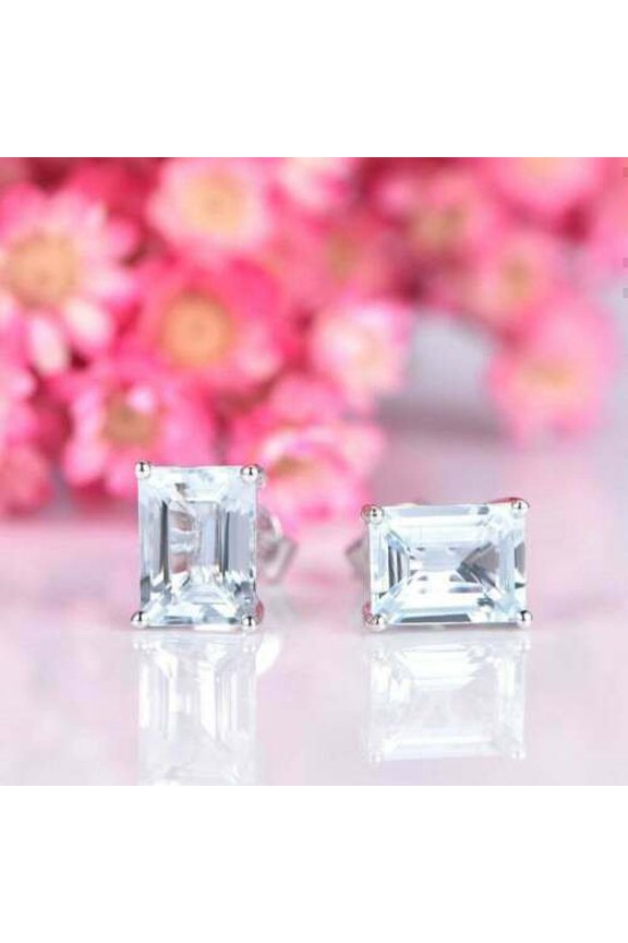 2Ct Emerald Cut Aquamarine Pretty Push Back Stud Earrings For Women's 14K White Gold Plated 925 Silver