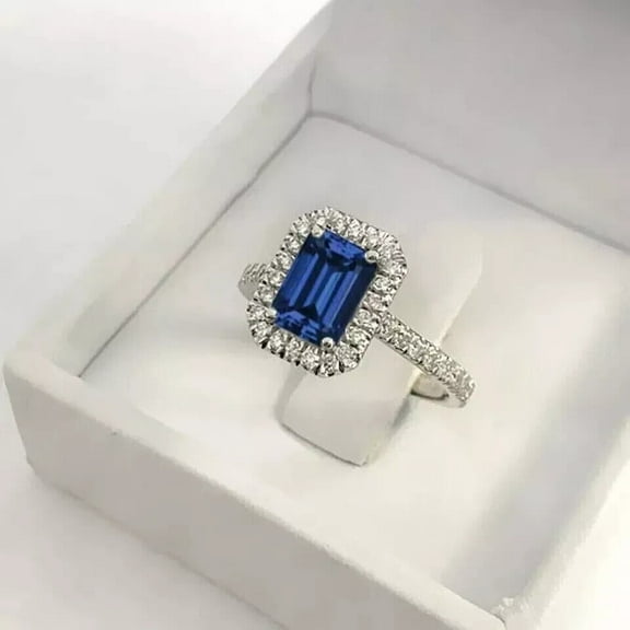 2Ct Emerald Cut Blue Sapphire & Diamond Engagement Halo Ring 14k White Gold Plated -9