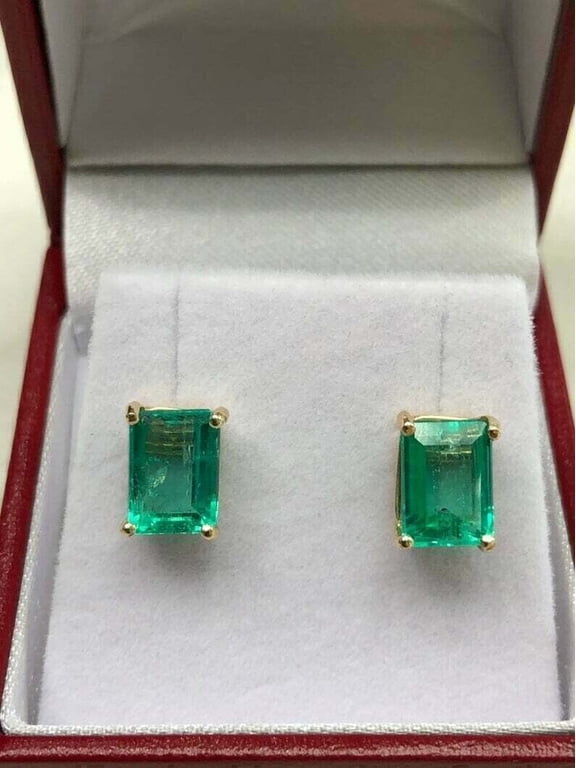 2Ct Emerald Cut Green Emerald Solitaire Stud Earrings 14K Yellow Gold Plated Silver