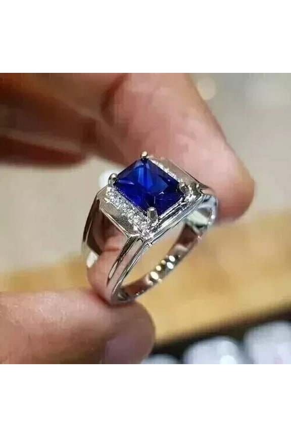 2Ct Emerald Cut Lab Created Blue Sapphire Men's Pinky Ring 14k White Gold Plated