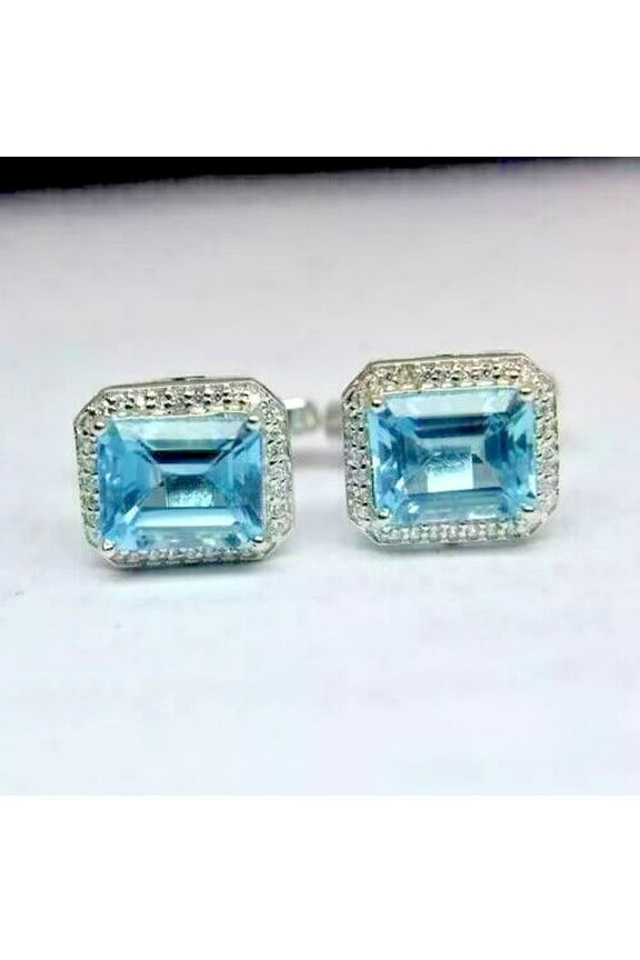 2Ct Emerald Cut Lab Created Blue Topaz Men's Gift Cufflinks 14K White Gold Plated