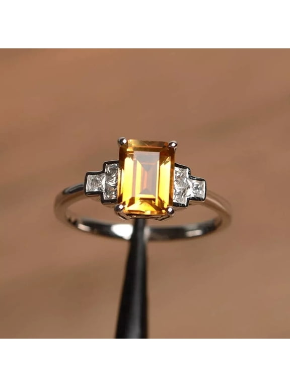 2Ct Emerald Cut Lab-Created Citrine Women Engagement Ring 14K White Gold Plated