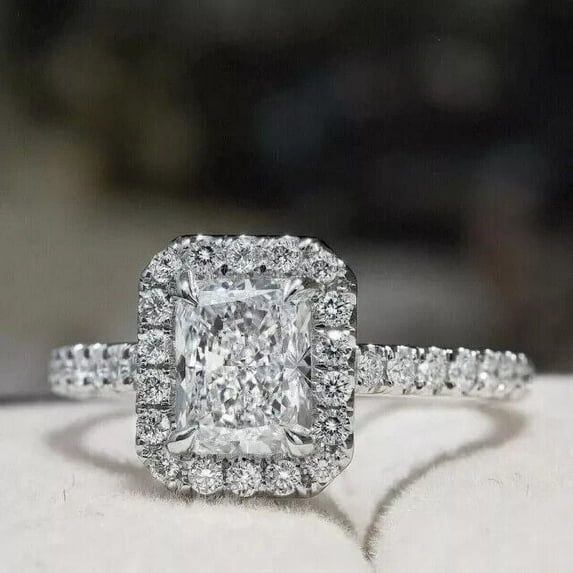 2Ct Emerald Cut Lab Created Diamond Engagement Halo Ring 14K White Gold Plated