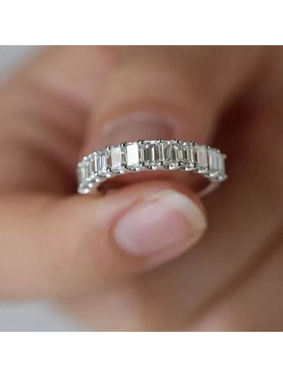 2Ct Emerald Cut Lab Created Diamond Eternity Wedding Band Ring 14K White Gold Plated