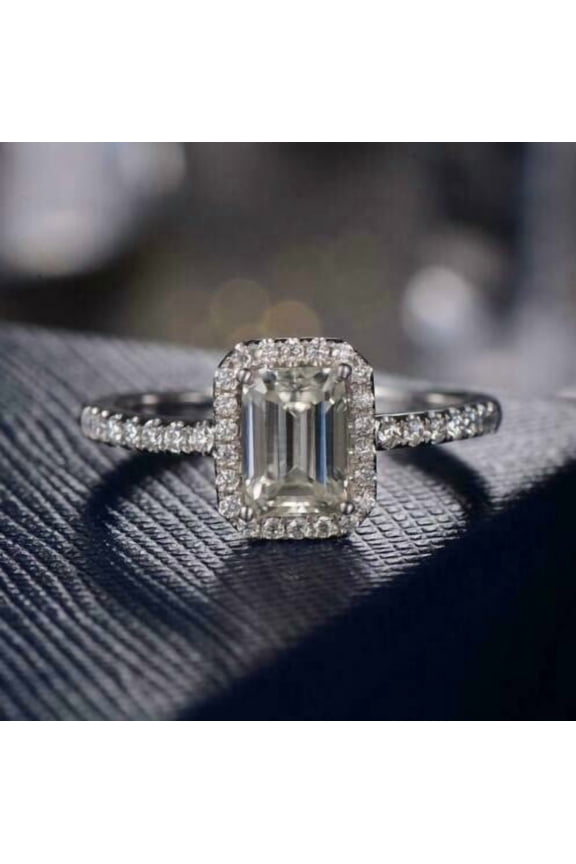 2Ct Emerald Cut Lab-Created Diamond Halo Engagement Ring 14K White Gold Plated