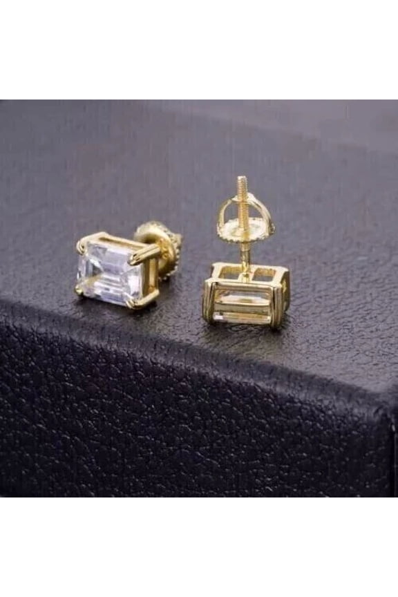 2Ct Emerald Cut Lab Created Diamond Women's Screw Back Stud Earrings in 14K Yellow Gold Plated