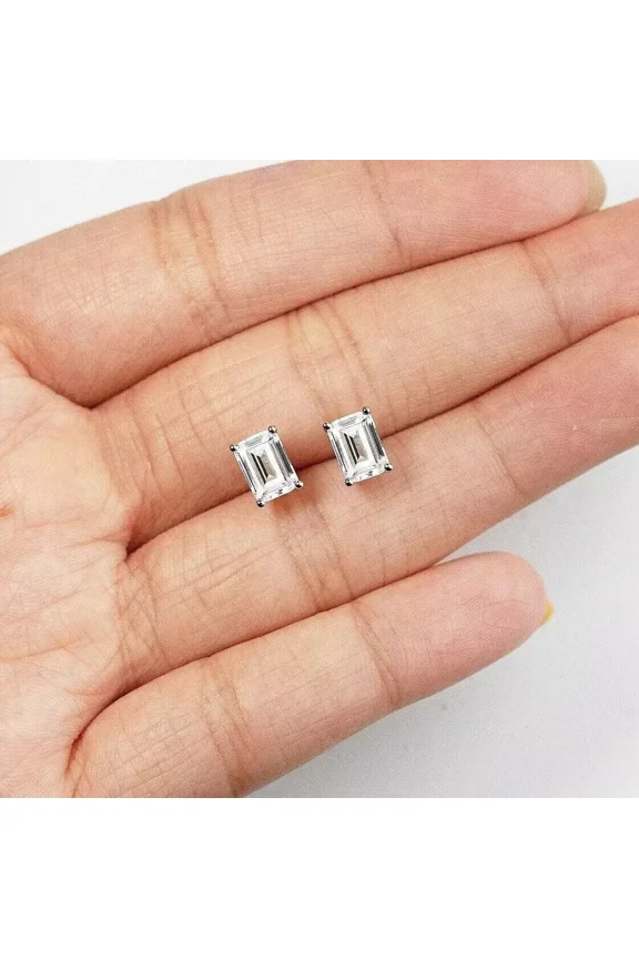 2Ct Emerald Cut Lab Created Diamond Women's Stud Earrings 14k White Gold Plated