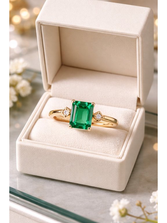 2Ct Emerald Cut Lab Created Emerald Engagement Ring 14K Yellow Gold Plated