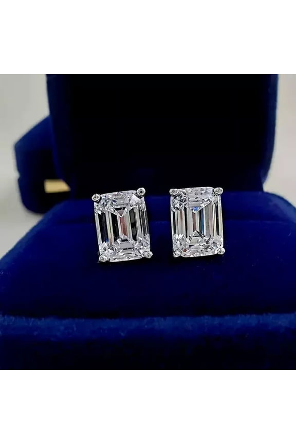 Moissanite Emerald Cut Solitaire Stud Earrings 2 Carat Total Weight 14K White Gold Plated