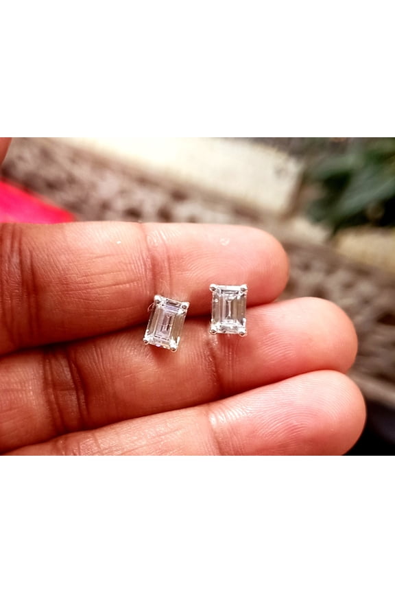 2Ct Emerald Cut Real Moissanite Solitaire Stud Earrings 14K White Gold Plated