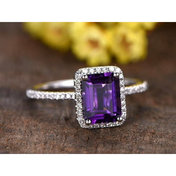 2Ct Emerald Cut Simulated Amethyst Halo Women's Engagement Ring 14K White Gold Plated