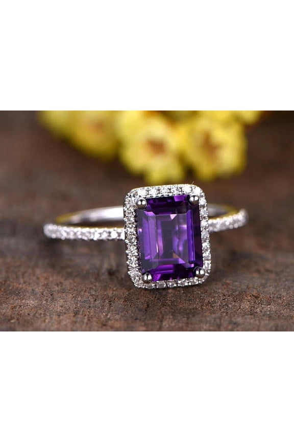 2Ct Emerald Cut Simulated Amethyst Halo Women's Engagement Ring 14K White Gold Plated