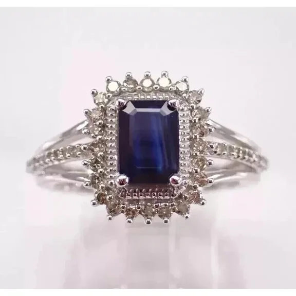 2Ct Emerald Cut Simulated Blue Sapphire Diamond Halo Women's Wedding Ring 14K White Gold Plated 925 Silver