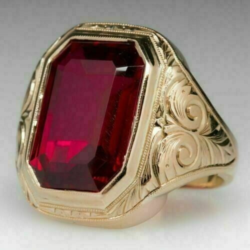 2Ct Emerald Cut Simulated Diamond Red Garnet Ring 14K Yellow Gold Plated