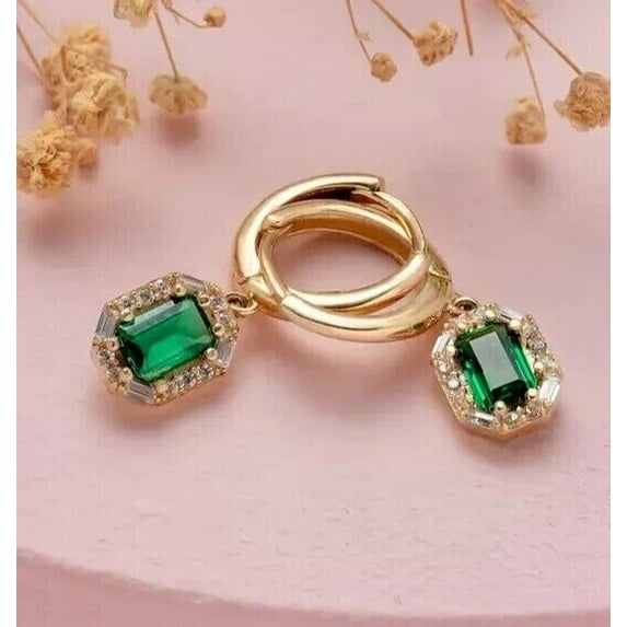 2Ct Emerald Cut Simulated Green Emerald Halo Drop Earrings In 14k Yellow Gold Plated