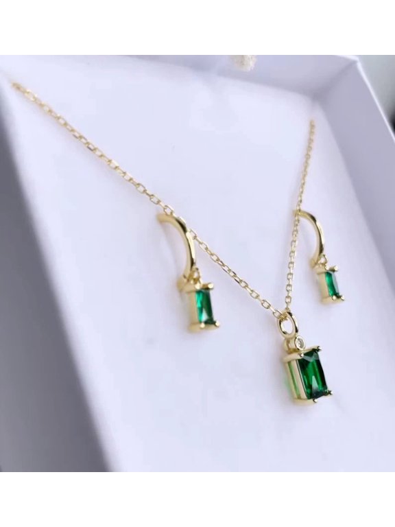 2Ct Emerald Cut Simulated Green Emerald Solitaire Women's Pendant & Earring Jewelry Set 14K Yellow Gold Plated