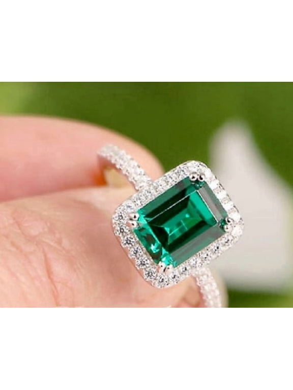 2Ct Emerald Lab-Created Emerald Women Wedding Halo Ring 14k White Gold Plated 925 Sterling Silver