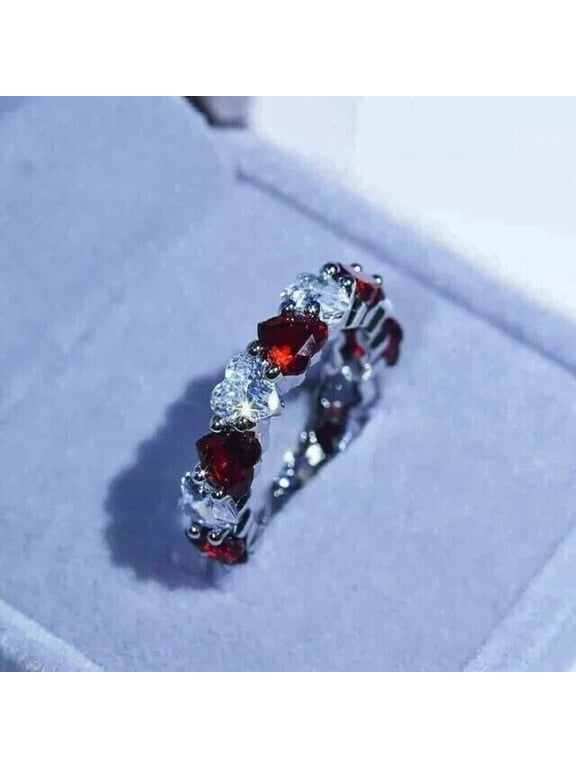 2Ct Heart Cut Lab Created Red Ruby Stunning Heart Eternity Band Ring 14k White Gold Plated