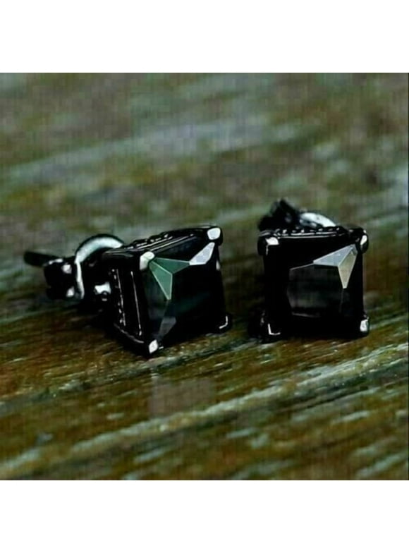 2Ct Lab Created Black Diamond Princess Cut Men's Stud Earrings 14K Black Gold Plated
