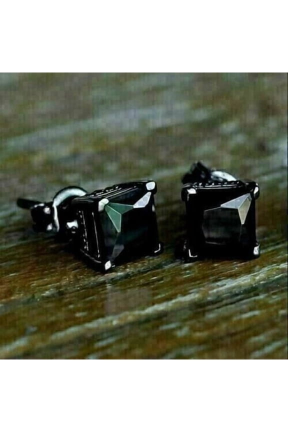 2Ct Lab Created Black Diamond Princess Cut Men's Stud Earrings 14K Black Gold Plated